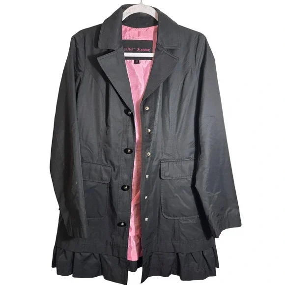 Betsey Johnson Black Ruffle Hem Trench Coat Pink Lining Size M Twee/Coquette - Picture 3 of 7